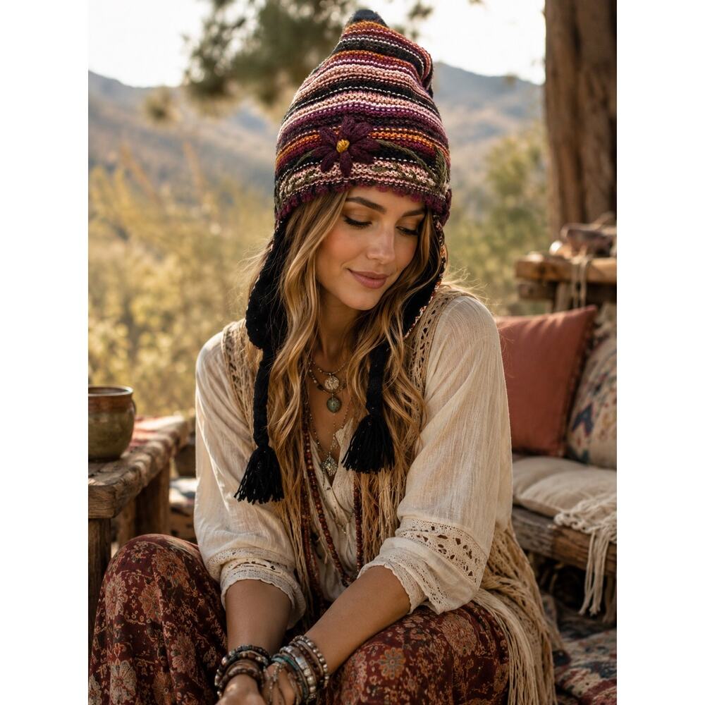 Manalpaca Unisex Peruvian Baby Alpaca Boho Hat Chullo with Earflaps NWT